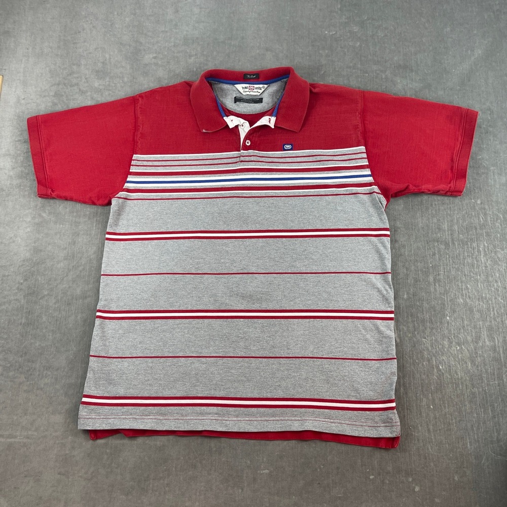 Ecko Unltd Mens XL Red Grey Striped Polo Shirt Short Sleeve Logo Patch